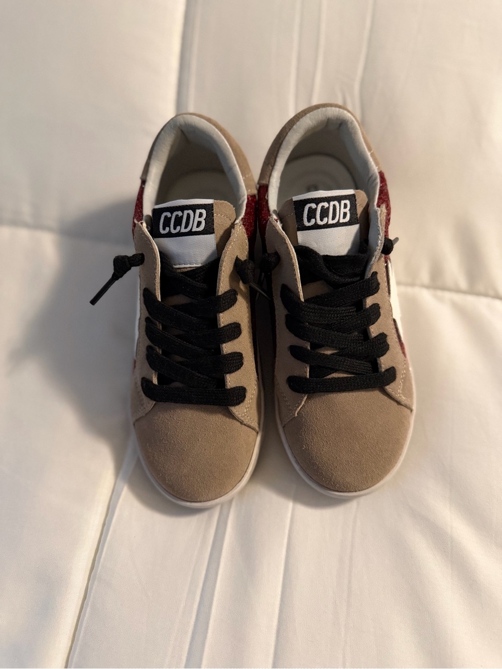 Kids Taupe Suede Sneakers with Red Detail